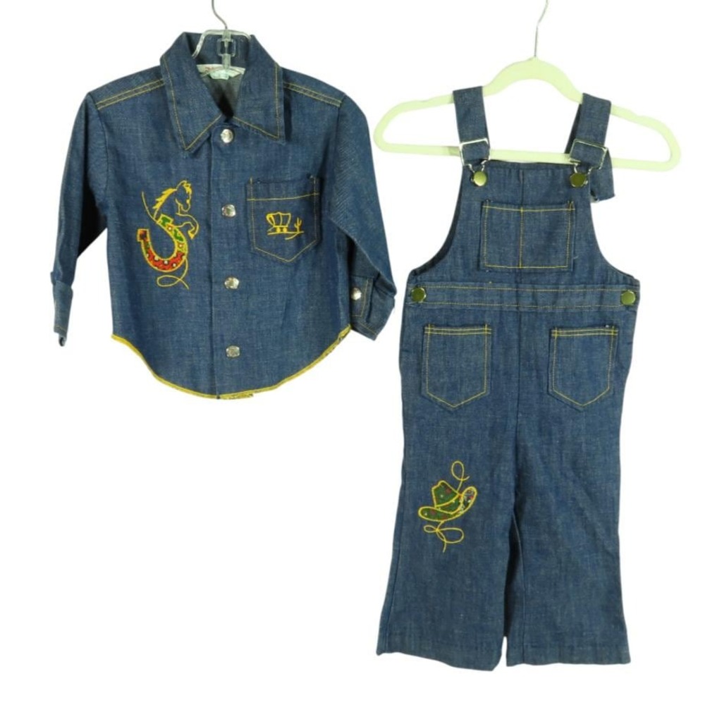 Vtg Health-Tex DENIM OVERALLS Button-Up SHIRT Outfit Set Boys Cowboy Western 2T